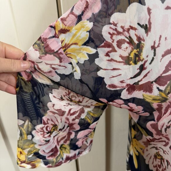 Ultra Flirt Kimono Long Duster Sheer Floral Pattern L Large 3/4 Sleeve Cottage - Picture 3 of 8
